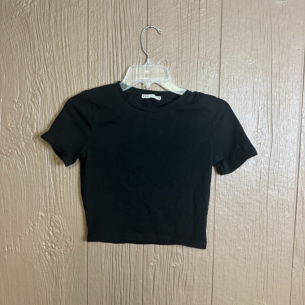 Zara Basic Black Crop‎ T-Shirt Size Small Casual Loungerwear Night Out Slim Fit